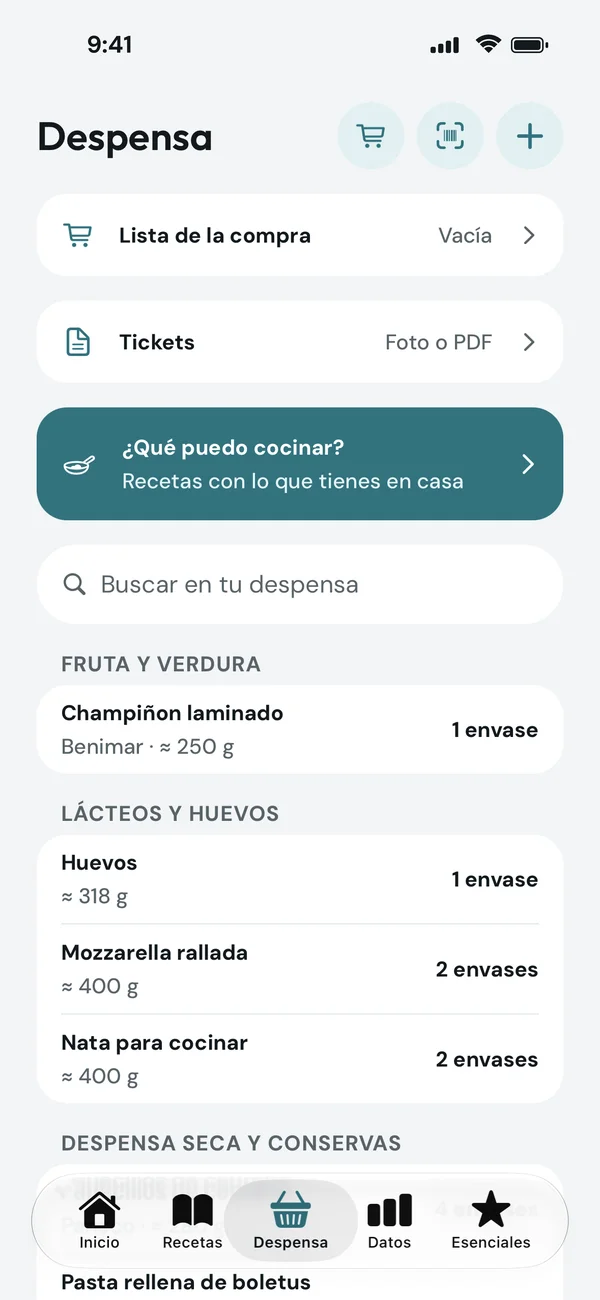 La despensa de NuFita ordenada por fruta y verdura, lácteos y huevos